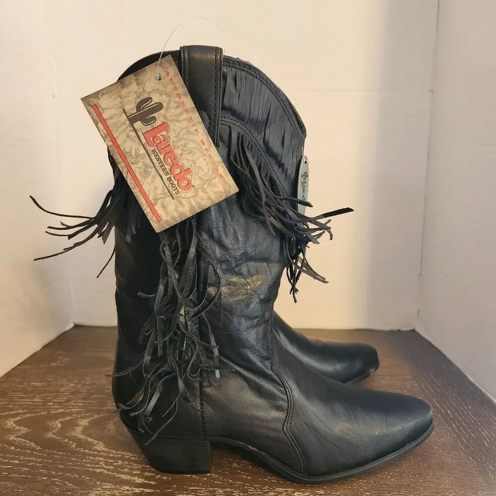 Vintage 80s 90s Laredo Black Leather Fringe Western Cowgirl Boots 28-710 NOS